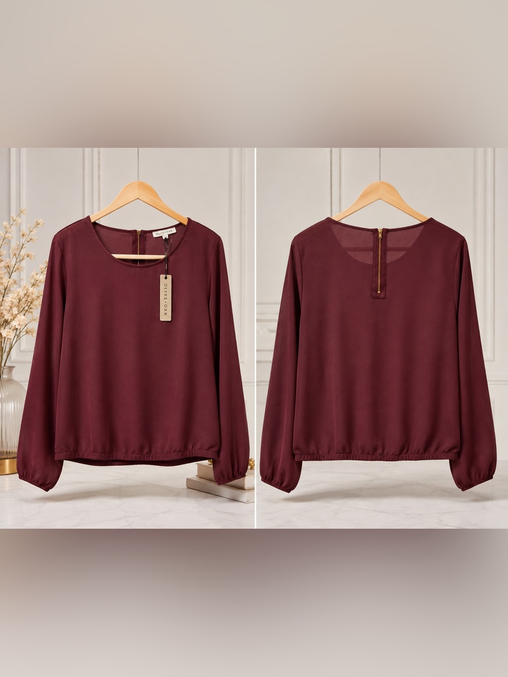 ✨ NWT Olive + Oak Iced Plum Long Sleeve Blouse Top Elastic Hem Back Zip (Size L)